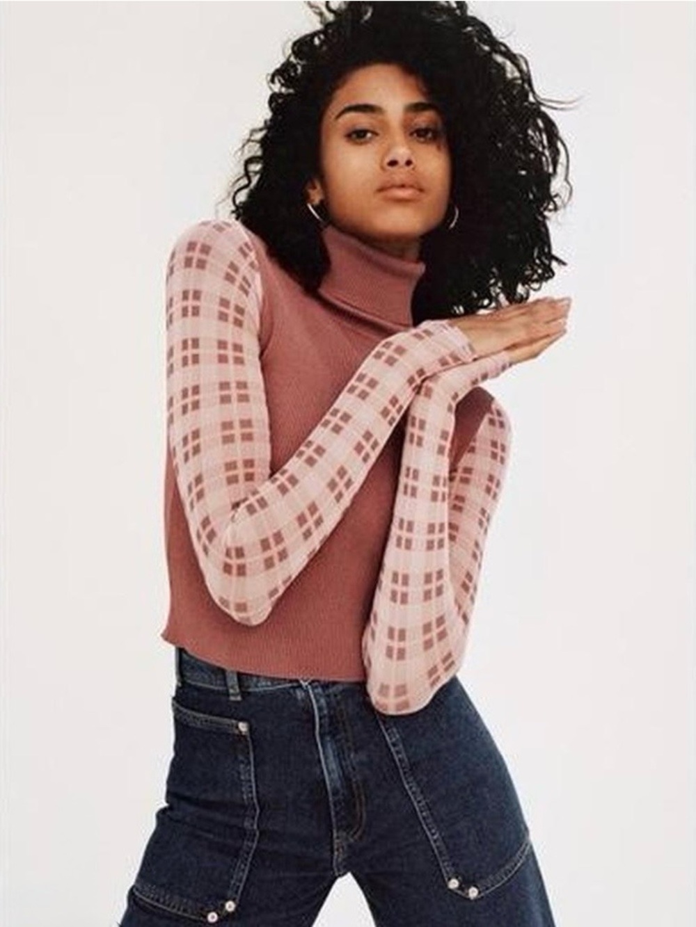 Zara Dusty Rose Turtleneck Sweater with Plaid Pink Sleeves